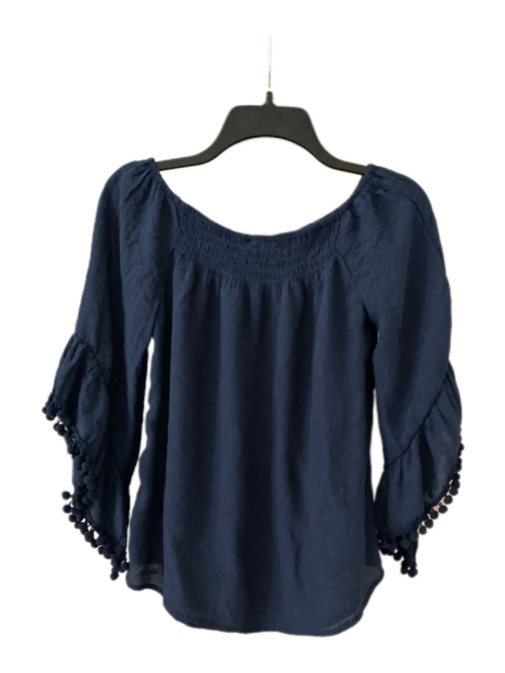 Women’s Navy Off-Shoulder Peasant Blouse with Pom Trim